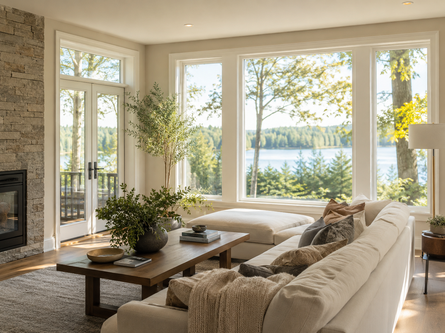Bright living room with large replacement windows